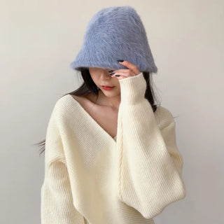 Soft Angora Fur Bucket Hat Winter Fur Hat