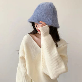 Soft Angora Fur Bucket Hat Winter Fur Hat