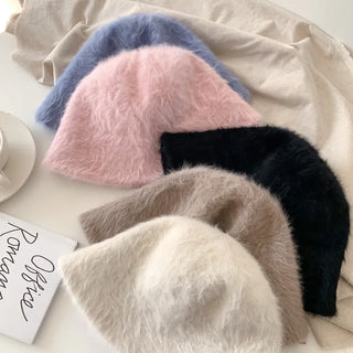 Soft Angora Fur Bucket Hat Winter Fur Hat
