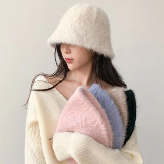 Soft Angora Fur Bucket Hat Winter Fur Hat