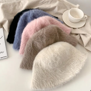 Soft Angora Fur Bucket Hat Winter Fur Hat