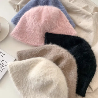 Soft Angora Fur Bucket Hat Winter Fur Hat