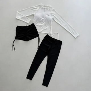 White Shirred Shorts Leggings Finger Hole Warmers Rash Guard Swimwear