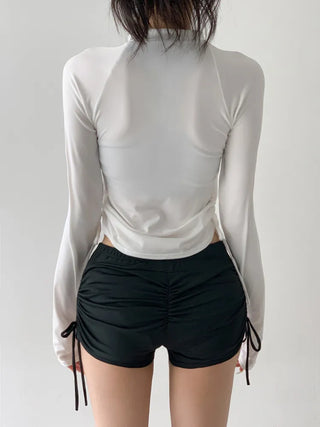 White Shirred Shorts Leggings Finger Hole Warmers Rash Guard Swimwear
