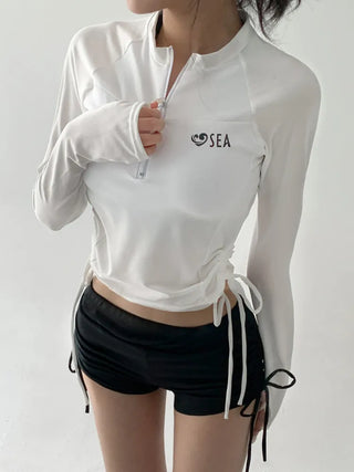 White Shirred Shorts Leggings Finger Hole Warmers Rash Guard Swimwear