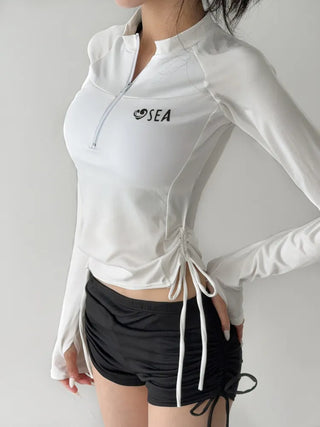 White Shirred Shorts Leggings Finger Hole Warmers Rash Guard Swimwear