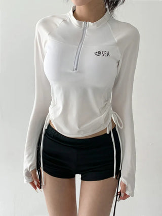 White Shirred Shorts Leggings Finger Hole Warmers Rash Guard Swimwear