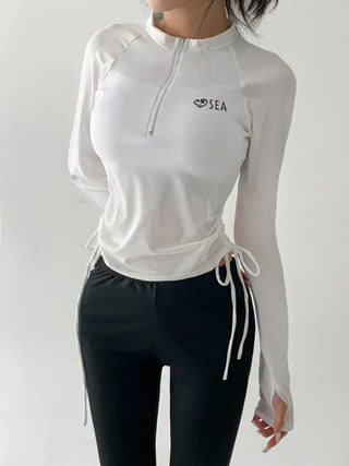 White Shirred Shorts Leggings Finger Hole Warmers Rash Guard Swimwear