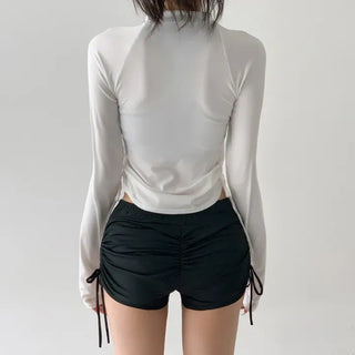 White Shirred Shorts Leggings Finger Hole Warmers Rash Guard Swimwear