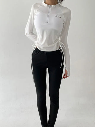 White Shirred Shorts Leggings Finger Hole Warmers Rash Guard Swimwear