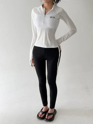 White Shirred Shorts Leggings Finger Hole Warmers Rash Guard Swimwear