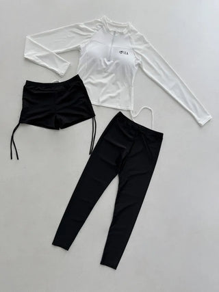 White Shirred Shorts Leggings Finger Hole Warmers Rash Guard Swimwear