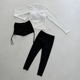 White Shirred Shorts Leggings Finger Hole Warmers Rash Guard Swimwear