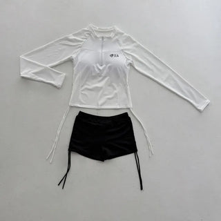 White Shirred Shorts Leggings Finger Hole Warmers Rash Guard Swimwear