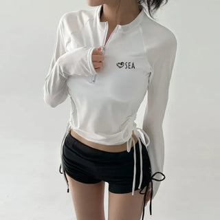 White Shirred Shorts Leggings Finger Hole Warmers Rash Guard Swimwear