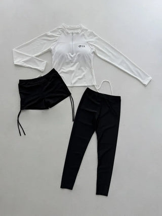 White Shirred Shorts Leggings Finger Hole Warmers Rash Guard Swimwear