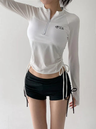 White Shirred Shorts Leggings Finger Hole Warmers Rash Guard Swimwear