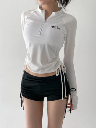 White Shirred Shorts Leggings Finger Hole Warmers Rash Guard Swimwear