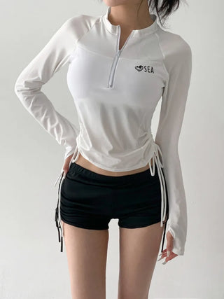 White Shirred Shorts Leggings Finger Hole Warmers Rash Guard Swimwear