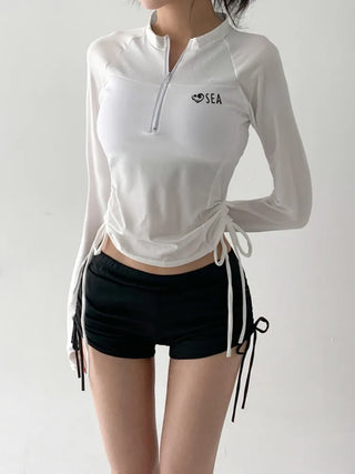 White Shirred Shorts Leggings Finger Hole Warmers Rash Guard Swimwear