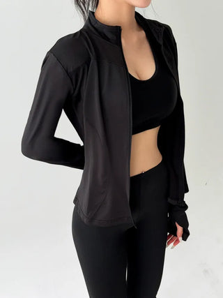 Slim Fit Rash Guard Top, Yoga & Running, Fingerhole Zip-Up,