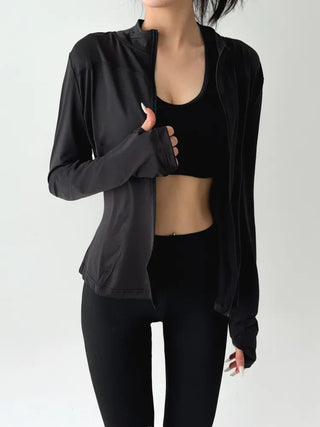 Slim Fit Rash Guard Top, Yoga & Running, Fingerhole Zip-Up,