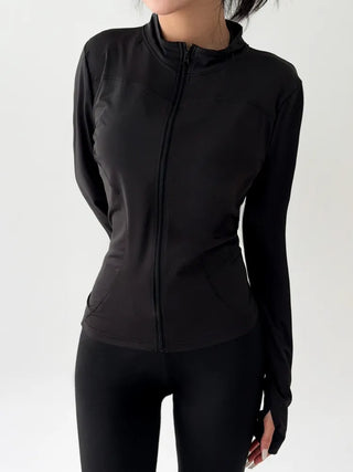 Slim Fit Rash Guard Top, Yoga & Running, Fingerhole Zip-Up,