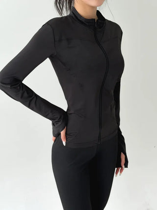 Slim Fit Rash Guard Top, Yoga & Running, Fingerhole Zip-Up,