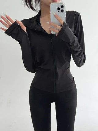 Slim Fit Rash Guard Top, Yoga & Running, Fingerhole Zip-Up,