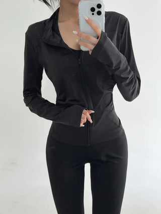 Slim Fit Rash Guard Top, Yoga & Running, Fingerhole Zip-Up,