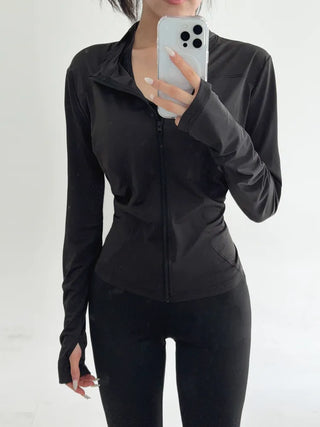 Slim Fit Rash Guard Top, Yoga & Running, Fingerhole Zip-Up,