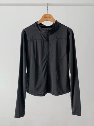 Slim Fit Rash Guard Top, Yoga & Running, Fingerhole Zip-Up,