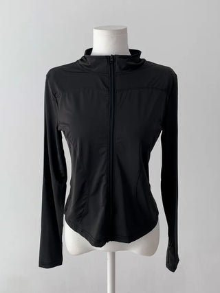 Slim Fit Rash Guard Top, Yoga & Running, Fingerhole Zip-Up,