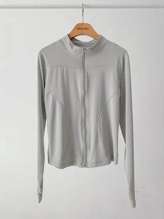 Slim Fit Rash Guard Top, Yoga & Running, Fingerhole Zip-Up,