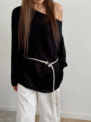 O-Ring Loop Silver Metallic Leather Knot Slim Strap Belt