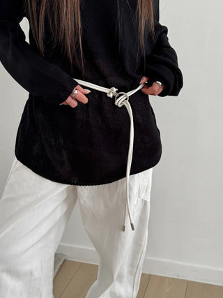 O-Ring Loop Silver Metallic Leather Knot Slim Strap Belt