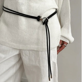 O-Ring Loop Silver Metallic Leather Knot Slim Strap Belt