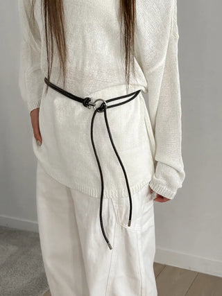 O-Ring Loop Silver Metallic Leather Knot Slim Strap Belt