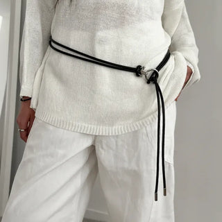 O-Ring Loop Silver Metallic Leather Knot Slim Strap Belt
