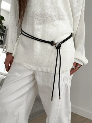 O-Ring Loop Silver Metallic Leather Knot Slim Strap Belt