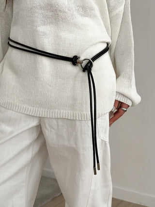 O-Ring Loop Silver Metallic Leather Knot Slim Strap Belt