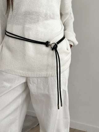 O-Ring Loop Silver Metallic Leather Knot Slim Strap Belt