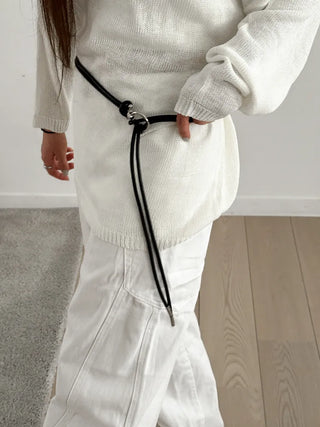 O-Ring Loop Silver Metallic Leather Knot Slim Strap Belt