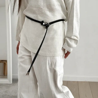 O-Ring Loop Silver Metallic Leather Knot Slim Strap Belt