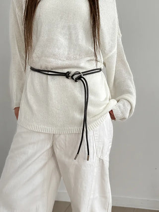 O-Ring Loop Silver Metallic Leather Knot Slim Strap Belt
