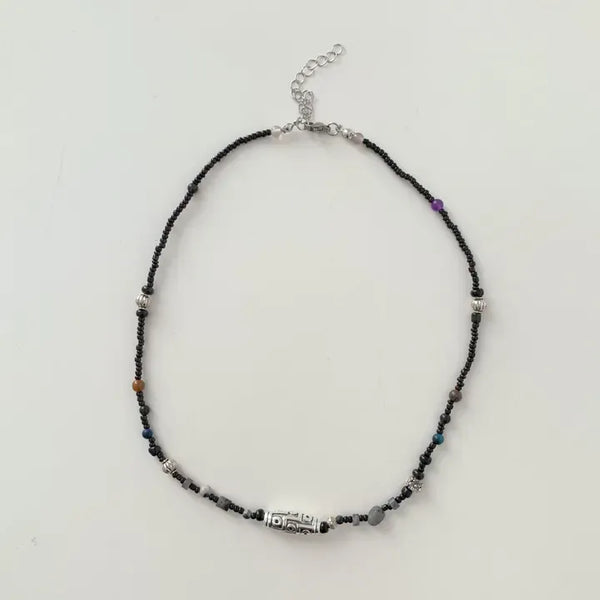 Antique Tribal Black Gemstone Bohemian Bead Necklace