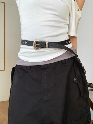 Pointy Studded Metallic Black Leather Belt