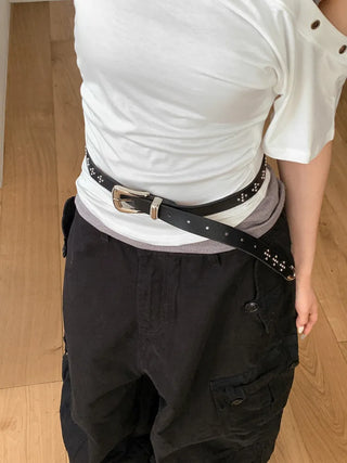 Pointy Studded Metallic Black Leather Belt