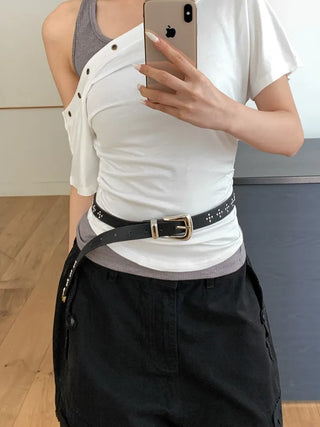 Pointy Studded Metallic Black Leather Belt
