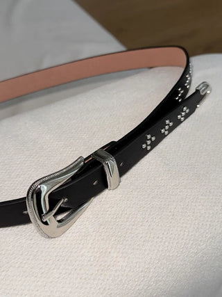Pointy Studded Metallic Black Leather Belt
